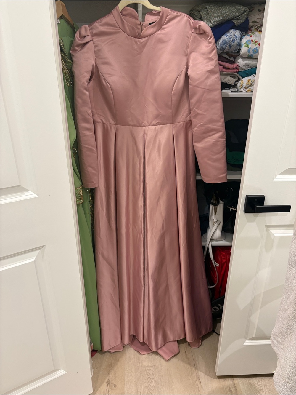 Long-Sleeve Satin Maxi Dress in Dusty Rose